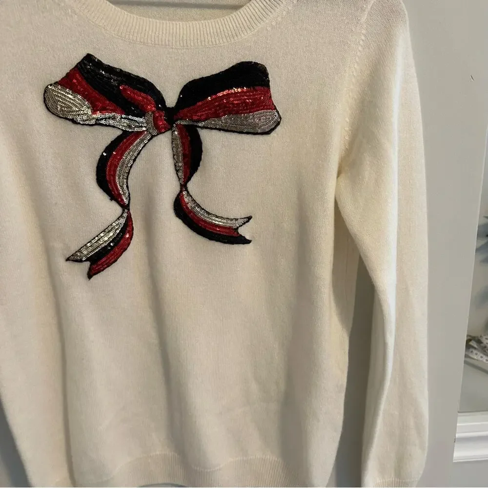 Tuckernuck Never a Wallflower Cream Sequin Bow Cashmere Sweater Small